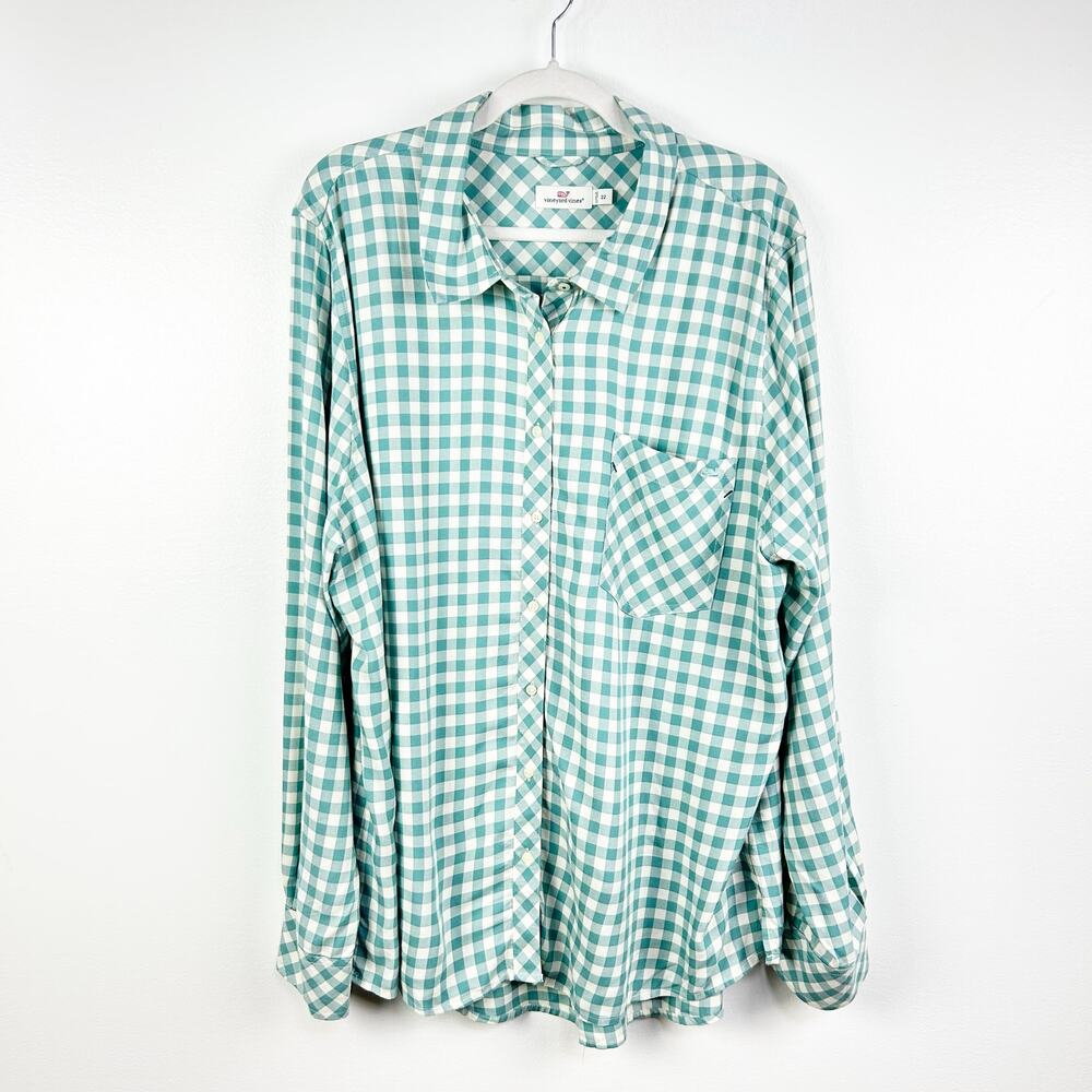Vineyard Vines Teal Green Gingham Button Front Shirt Women’s Plus Size 22